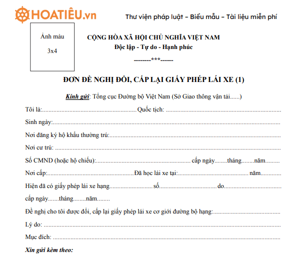 Mẫu đơn đề nghị đổi, cấp lại giấy phép lái xe