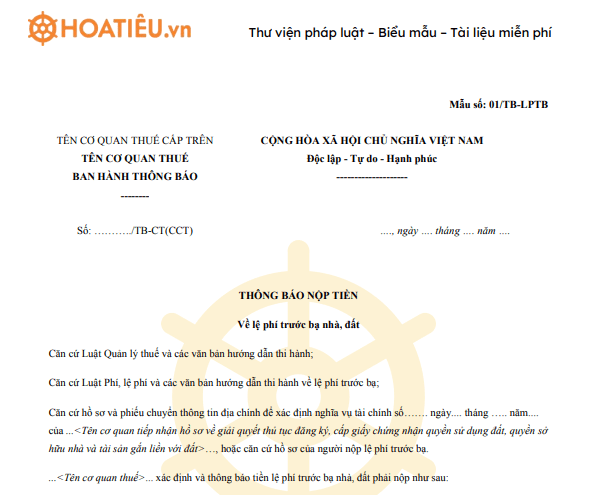 Mẫu 01/TB-LPTB: Thông báo nộp tiền lệ phí trước bạ nhà, đất