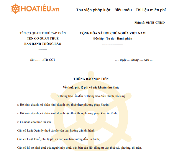 Mẫu 01/TB-CNKD: Thông báo nộp tiền thuế, phí, lệ phí và các khoản thu khác