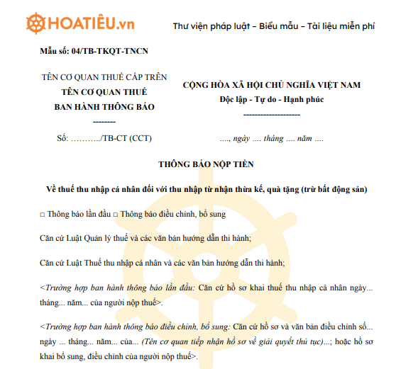 Thông báo nộp tiền thuế thu nhập cá nhân đối với thu nhập từ nhận thừa kế, quà tặng (trừ bất động sản)