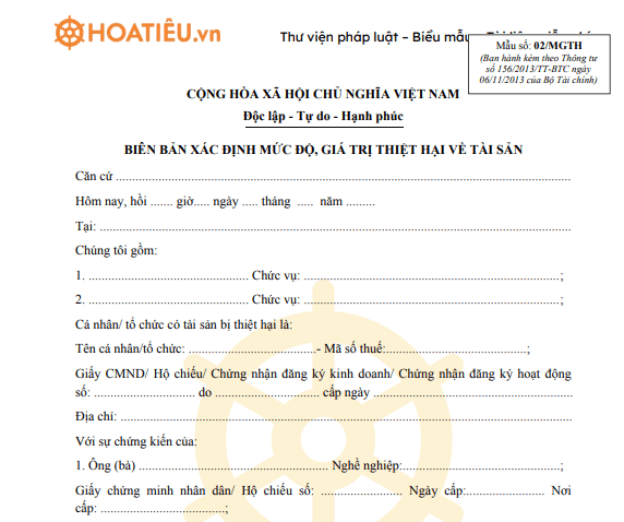 Mẫu số 02/MGTH: Biên bản xác định mức độ giá trị thiệt hại về tài sản
