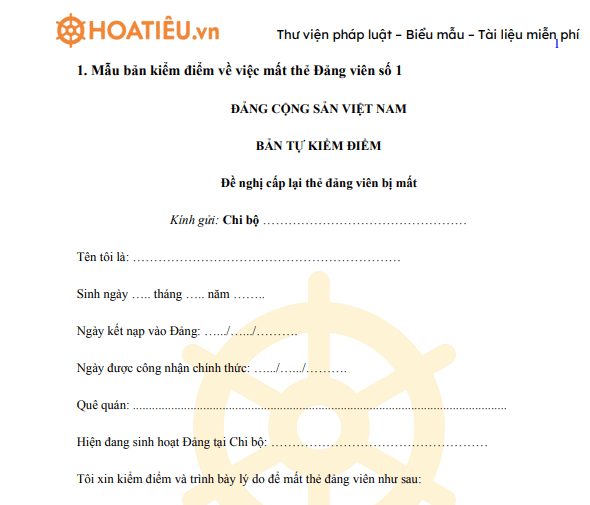 Mẫu bản kiểm điểm về việc mất thẻ Đảng viên