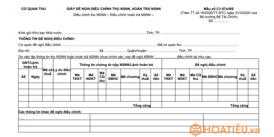 Mẫu C1-07a/NS: Giấy đề nghị điều chỉnh thu ngân sách nhà nước, hoàn trả ngân sách nhà nước