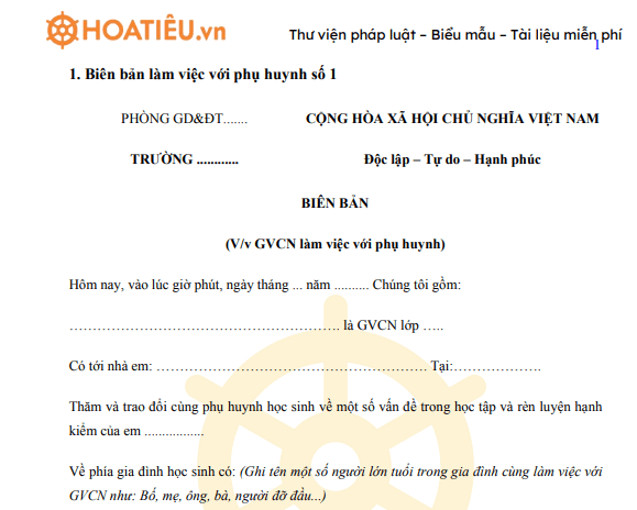 Biên bản làm việc với phụ huynh học sinh vi phạm