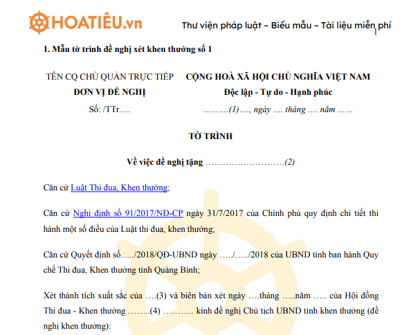 Mẫu tờ trình đề nghị xét khen thưởng