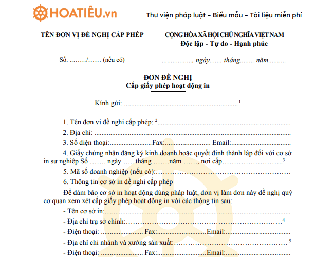 Đơn đề nghị cấp giấy phép hoạt động in