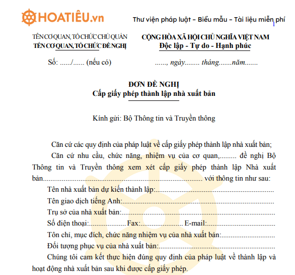 Đơn đề nghị cấp giấy phép thành lập nhà xuất bản 