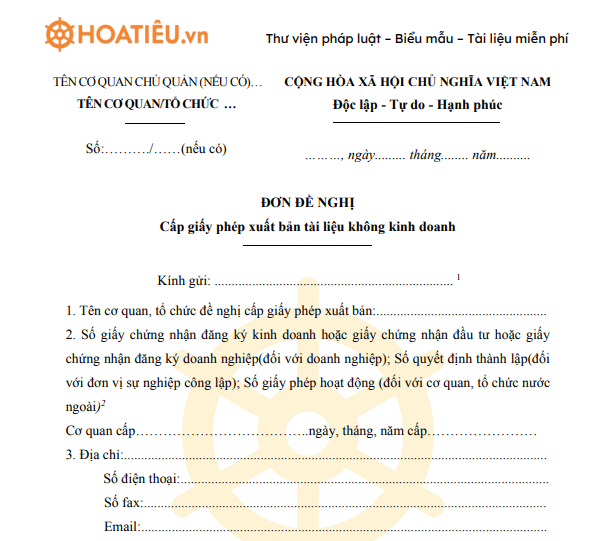 Đơn đề nghị cấp giấy phép xuất bản tài liệu không kinh doanh