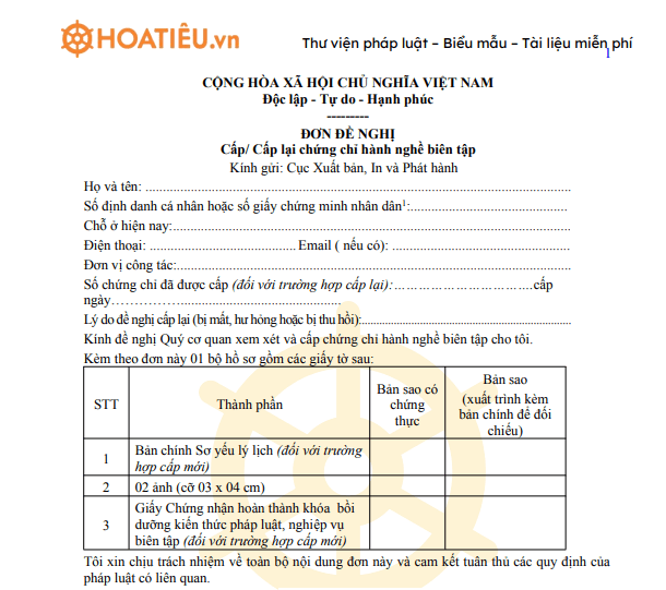 Mẫu đơn đề nghị cấp/cấp lại chứng chỉ hành nghề biên tập