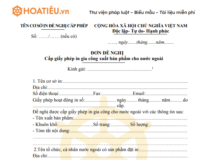 Đơn đề nghị cấp giấy phép in gia công xuất bản phẩm cho nước ngoài 