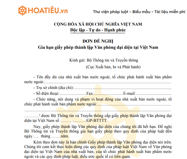 ơn đề nghị điều chỉnh, bổ sung thông tin trong giấy phép thành lập Văn phòng đại diện tại Việt Nam