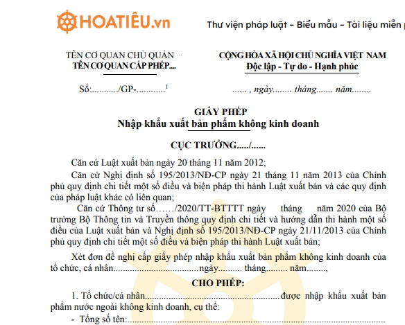 Giấy phép nhập khẩu xuất bản phẩm không kinh doanh