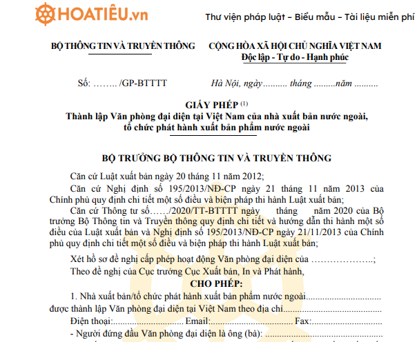 iấy phép thành lập Văn phòng đại diện tại Việt Nam của nhà xuất bản nước ngoài, tổ chức phát hành xuất bản phẩm nước ngoài 