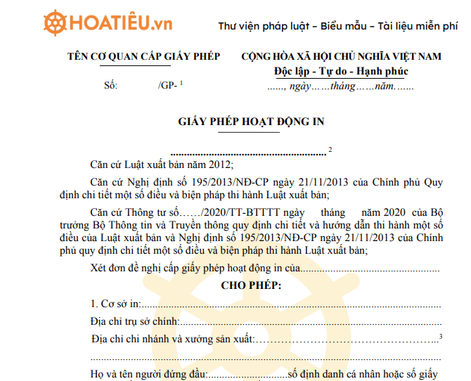 Mẫu giấy phép hoạt động in