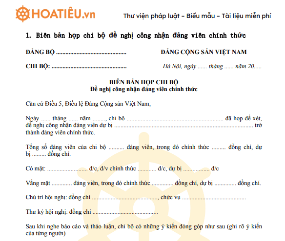 Biên bản họp chi bộ đề nghị công nhận đảng viên chính thức