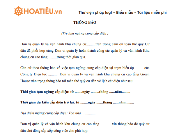 Mẫu thông báo cắt điện