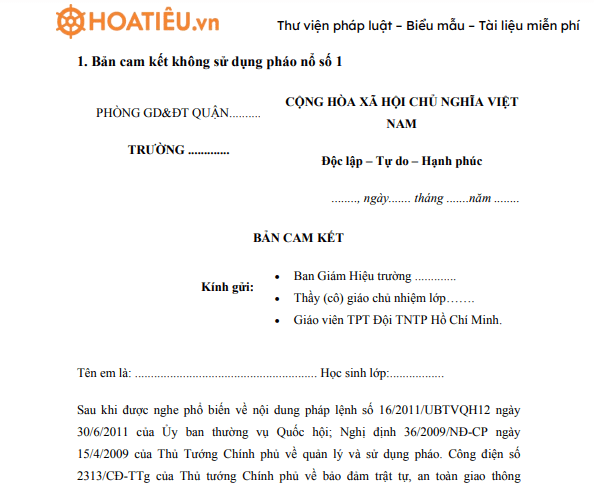 Bản cam kết không sử dụng pháo nổ