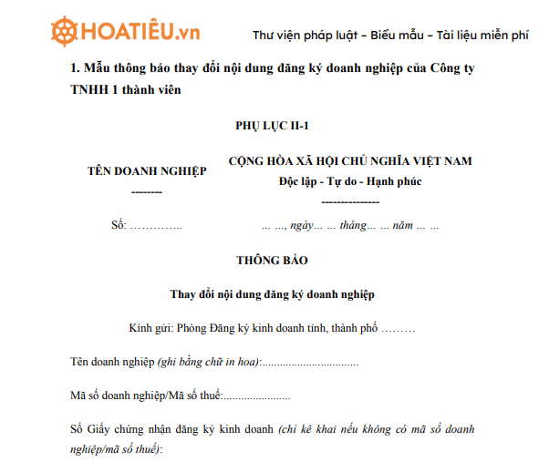 Mẫu thông báo thay đổi nội dung đăng ký doanh nghiệp của Công ty TNHH 1 thành viên