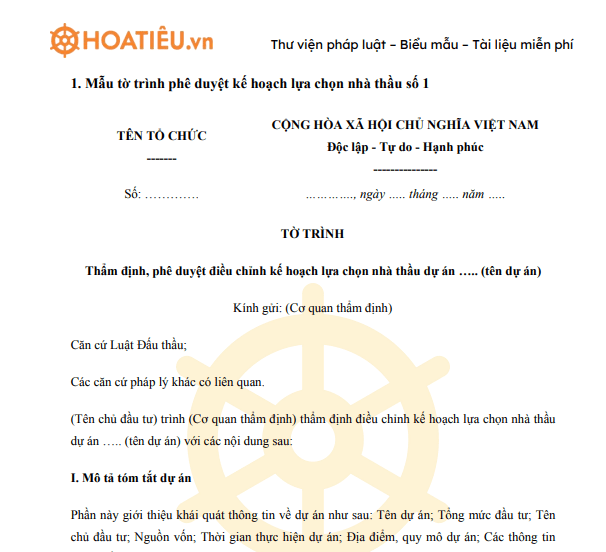 Mẫu tờ trình phê duyệt kế hoạch lựa chọn nhà thầu