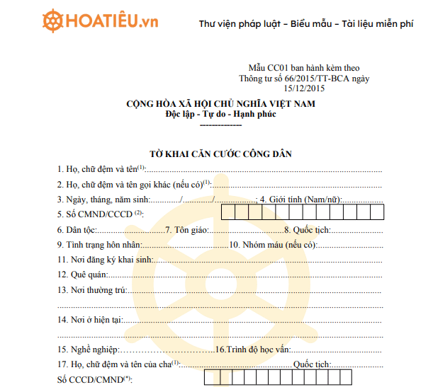 Tờ khai căn cước công dân