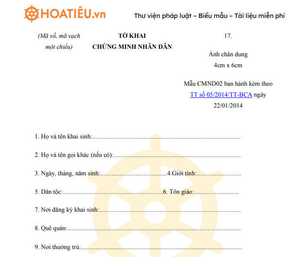 Tờ khai cấp chứng minh thư nhân dân