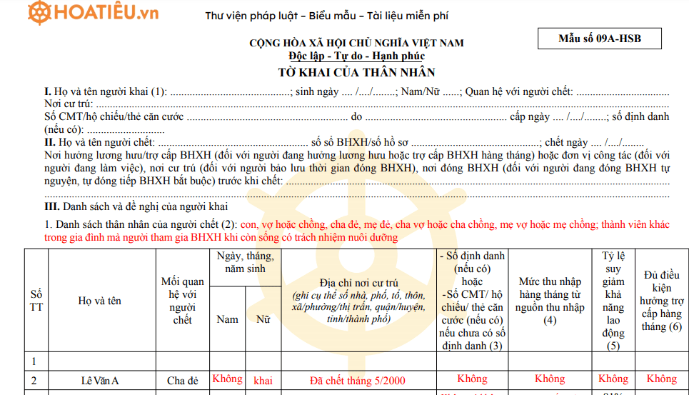 Mẫu số 09A-HSB: Tờ khai của thân nhân