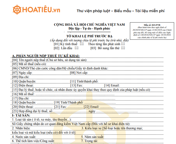 Mẫu số 02/LPTB: Tờ khai lệ phí trước bạ