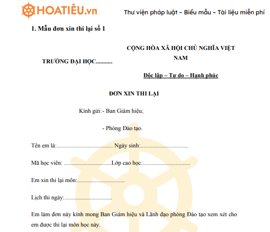 Mẫu đơn xin thi lại