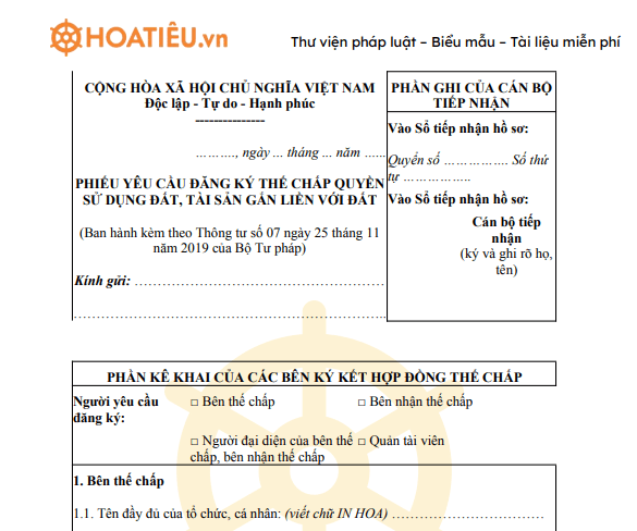 Mẫu đơn đăng ký thế chấp quyền sử dụng đất 