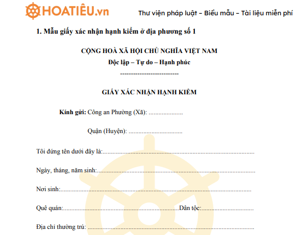 Giấy xác nhận hạnh kiểm chuẩn 2020