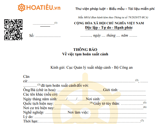 Thông báo tạm hoãn xuất cảnh mẫu M01d