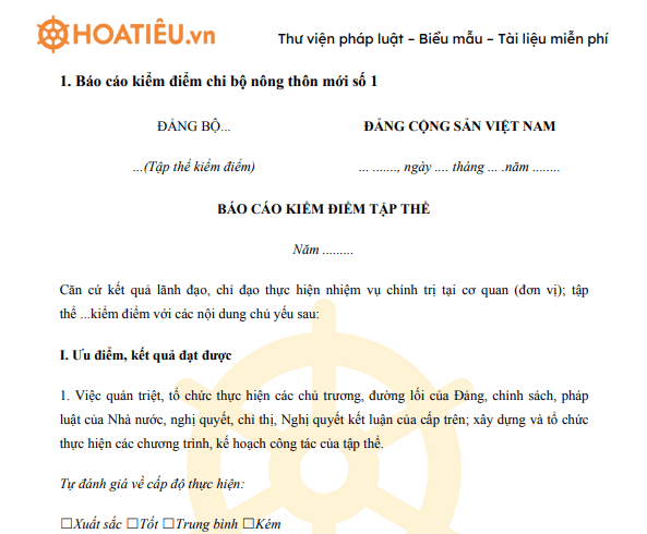 Báo cáo kiểm điểm chi bộ nông thôn mới