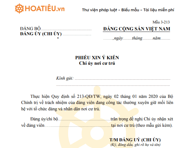 Mẫu phiếu nhận xét đảng viên nơi cư trú