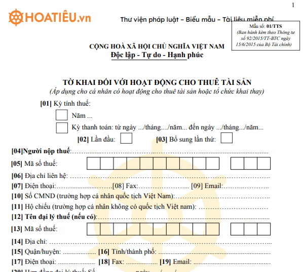 Mẫu 01/TTS: Tờ khai đối với hoạt động cho thuê tài sản