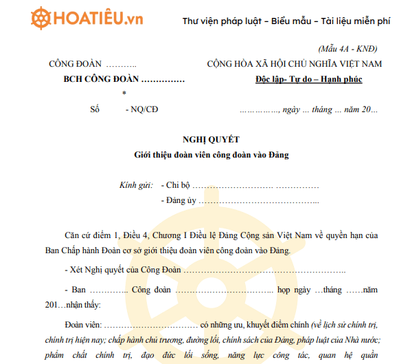 Mẫu 4A - KNĐ: Nghị quyết giới thiệu đoàn viên công đoàn vào đảng của BCH Công đoàn cơ sở