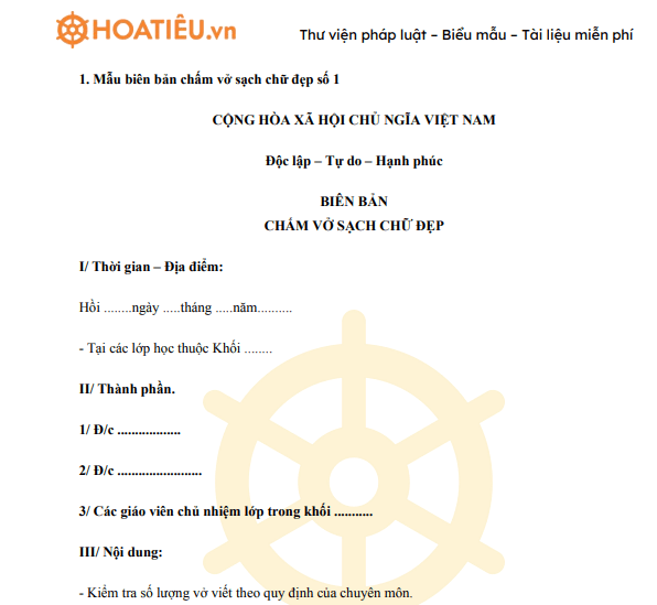 Mẫu biên bản chấm vở sạch chữ đẹp 