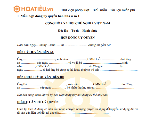 Mẫu hợp đồng ủy quyền bán nhà ở