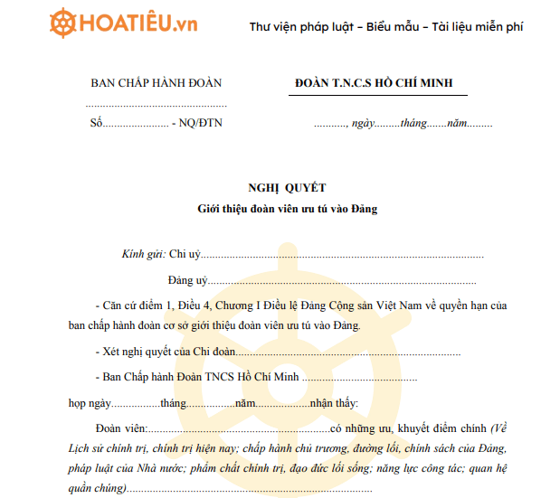 Mẫu Nghị quyết giới thiệu đoàn viên ưu tú vào Đảng