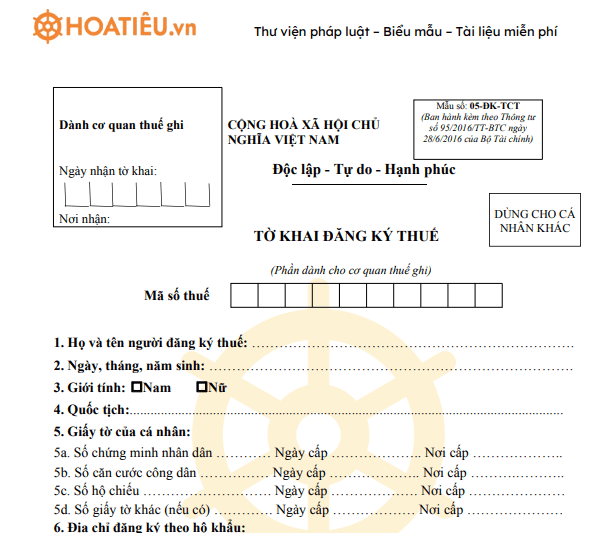 Mẫu tờ khai đăng ký thuế thu nhập cá nhân 2020