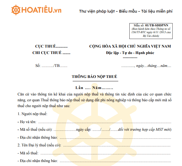 Mẫu số 01/TB-SDDPNN: Thông báo nộp thuế sử dụng đất nông nghiệp