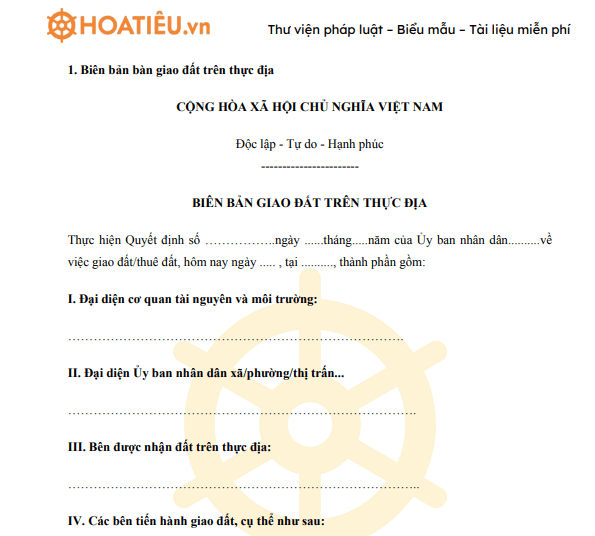 Mẫu biên bản bàn giao đất