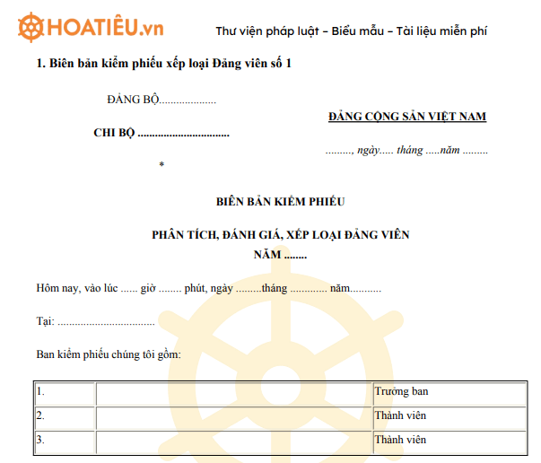 Mẫu biên bản kiểm phiếu xếp loại Đảng viên