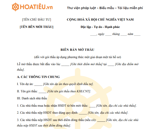 Mẫu biên bản mở thầu mới nhất