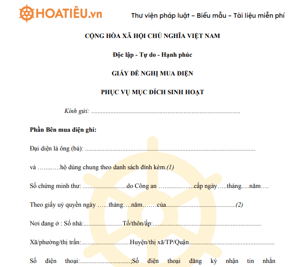 Mẫu đơn xin cấp điện sinh hoạt hộ gia đình 