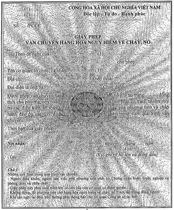 Mẫu giấy phép ghi chép vận chuyển chất, hàng nguy hiểm về cháy, nổ