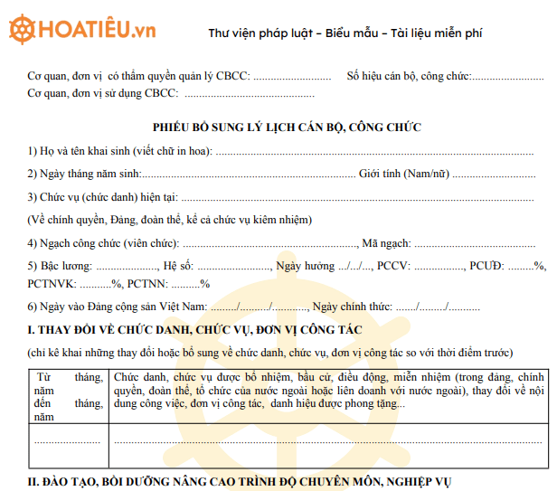 Mẫu phiếu bổ sung lý lịch cán bộ, công chức 