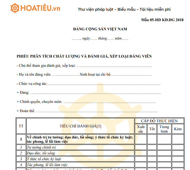 Phiếu phân tích đánh giá chất lượng Đảng viên