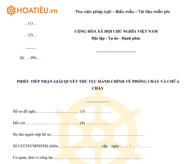 Mẫu PC03: Phiếu tiếp nhận giải quyết thủ tục hành chính về phòng cháy và chữa cháy