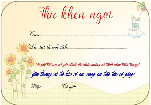 Mẫu thư khen học sinh