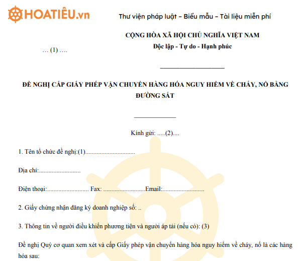 Mẫu PC02: Văn bản đề nghị cấp Giấy phép vận chuyển hàng hóa nguy hiểm về cháy, nổ bằng đường sắt